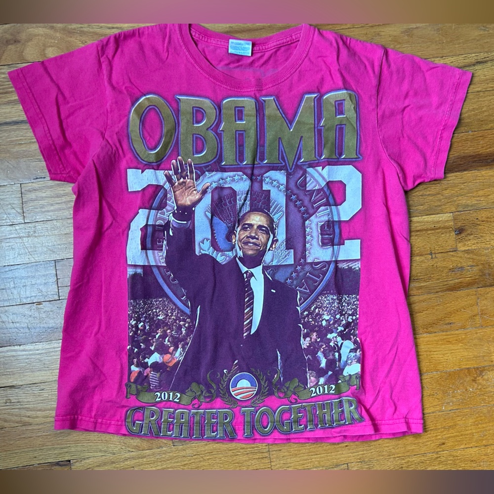Gildan 2012 Barack Obama Greater Together T-Shirt Womens Large Graphic Pink